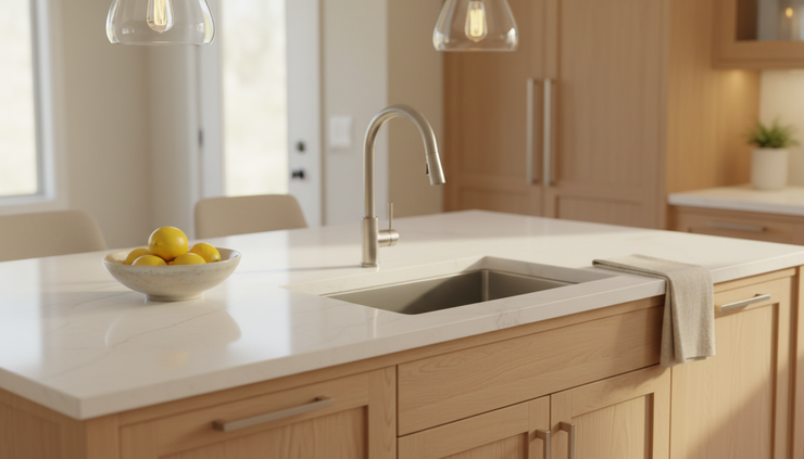 Close-up view of a kitchen island with quartz countertop and modern fixtures
