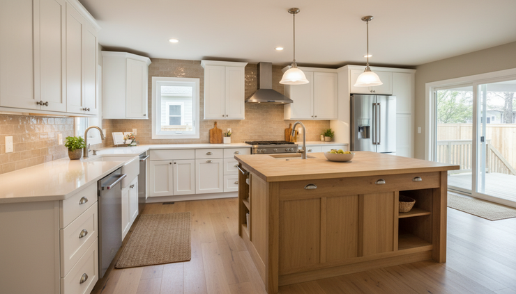 Wide-angle view of a remodeled kitchen with bright cabinets and a large island