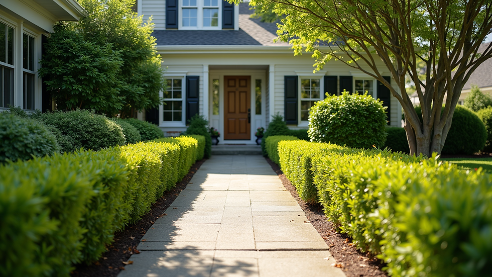 High angle view of a well-maintained front yard with trimmed bushes and clean walkway