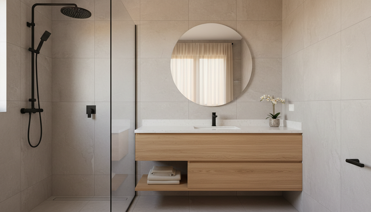 Eye-level view of a remodeled bathroom with a glass shower and floating vanity