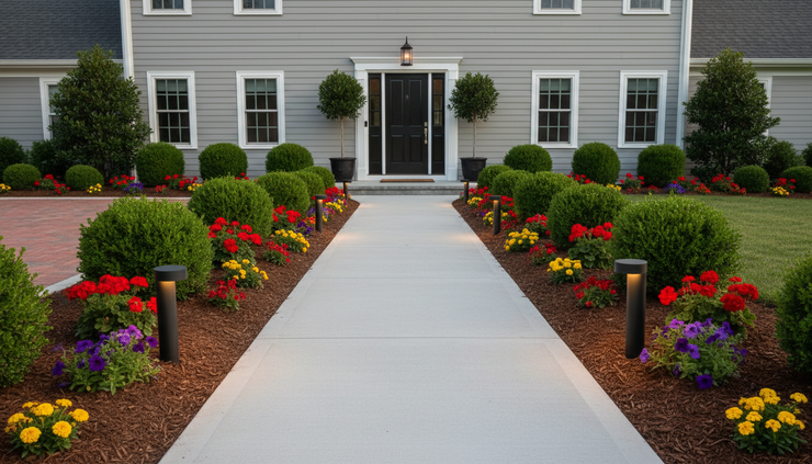Low-angle view of a front walkway with fresh mulch, trimmed plants, and modern path lights