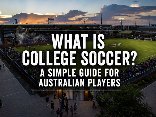 College soccer stadium at sunset with a large crowd around the pitch, with text reading “What Is College Soccer? A Simple Guide for Australian Players.”