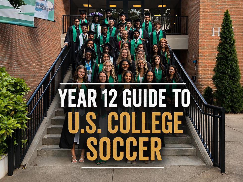 Group of Year 12 graduates in caps and gowns standing on school steps, with text reading “Year 12 Guide to U.S. College Soccer.
