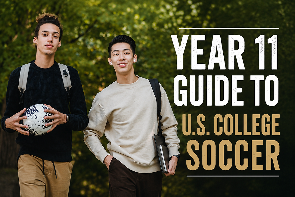 Two student-athletes walking outdoors on campus, one holding a soccer ball, with text reading “Year 11 Guide to U.S. College Soccer."