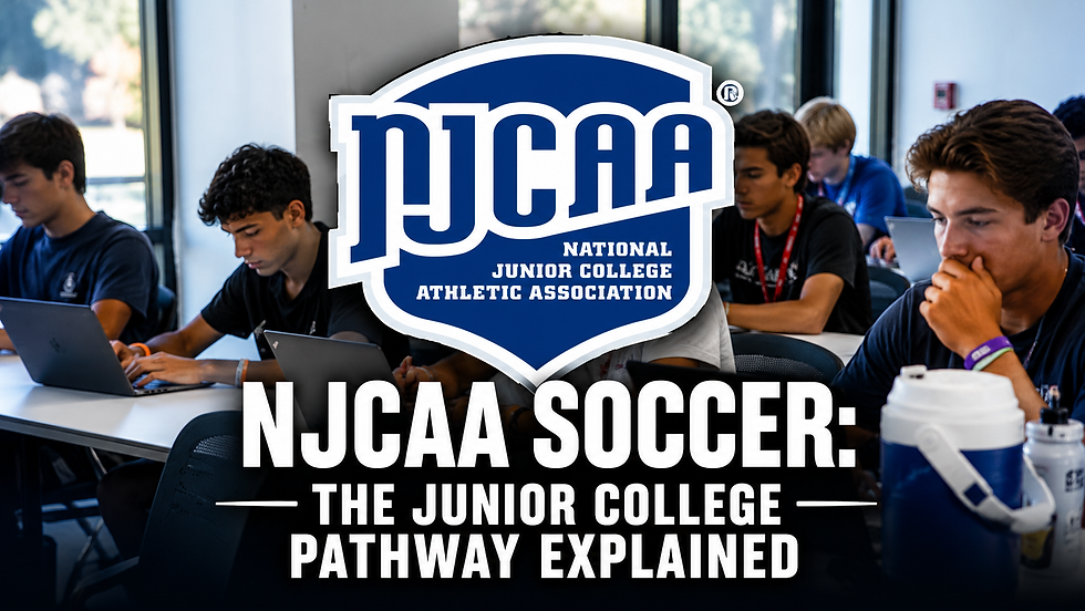 Students working on laptops in a classroom with the NJCAA logo and text reading “NJCAA Soccer: The Junior College Pathway Explained.”