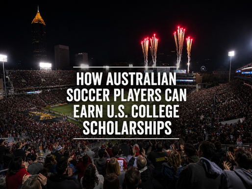 Packed college soccer stadium at night with fireworks above the field, with text reading “How Australian Soccer Players Can Earn U.S. College Scholarships.”