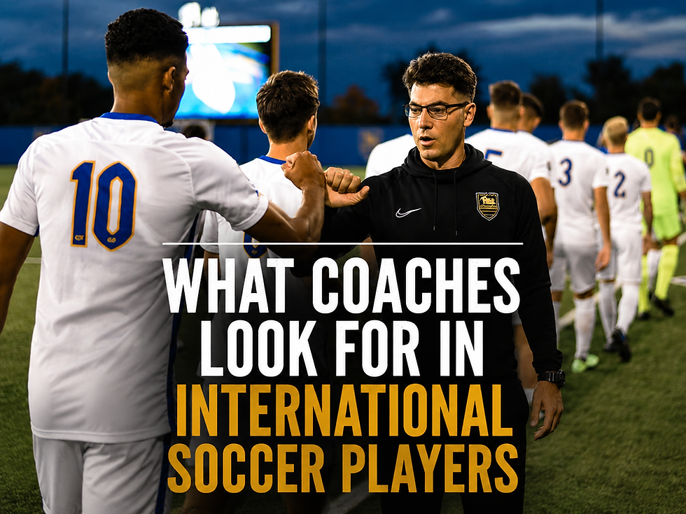 Soccer coach fist-bumping a player on the field at night, with text reading “What Coaches Look For in International Soccer Players.”