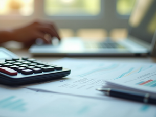 Close-up view of a calculator and financial documents on a desk