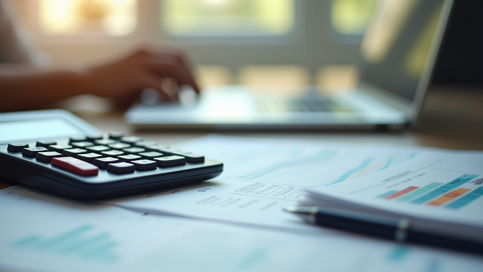 Close-up view of a calculator and financial documents on a desk