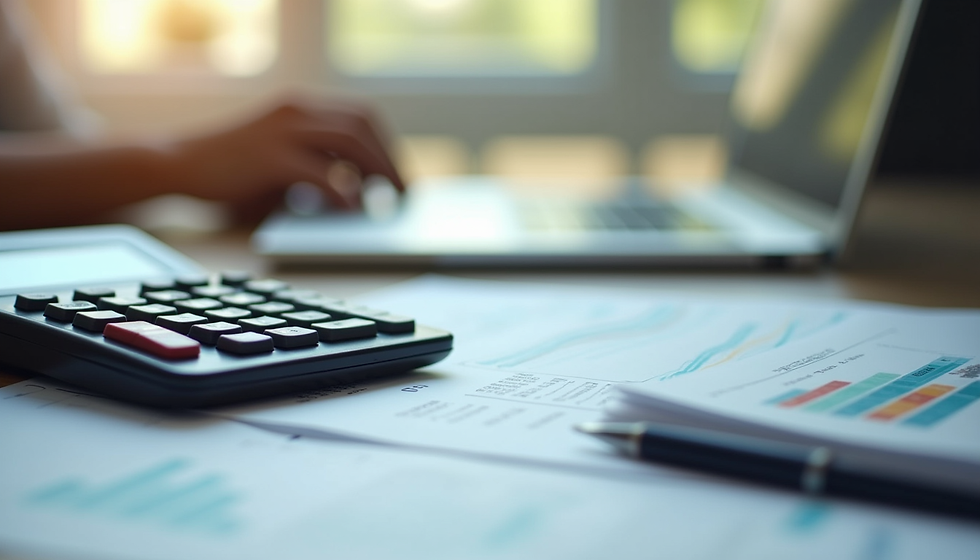 Close-up view of a calculator and financial documents on a desk