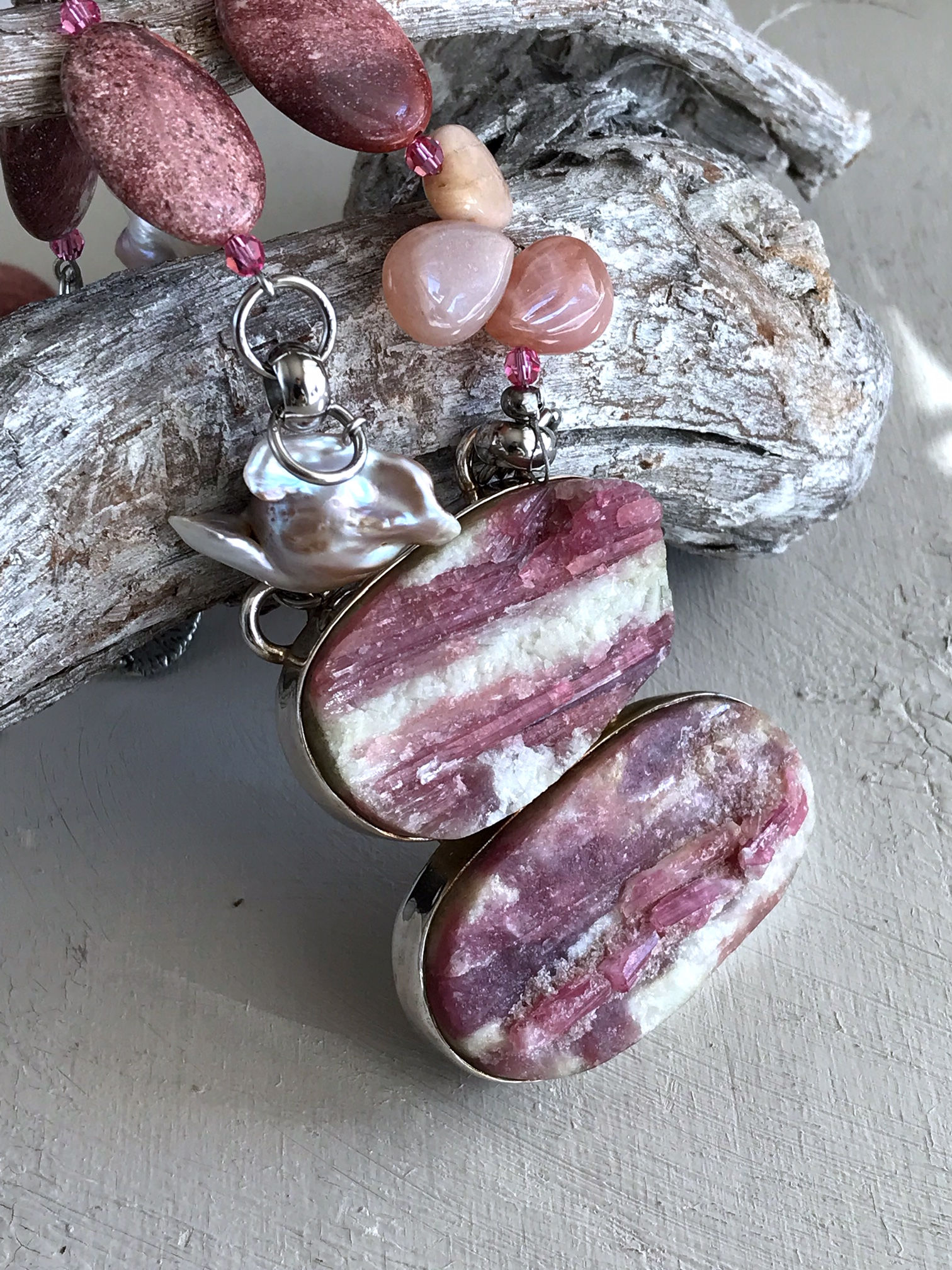 pink tourmaline and pearl necklace