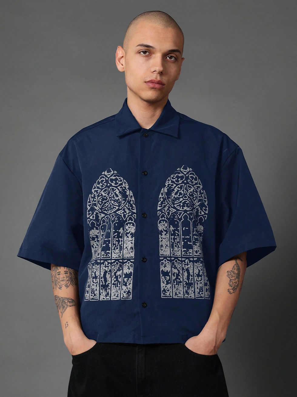 Gothic Cathedral Print Short Sleeve Button-Up Shirt Oversized Religious A
