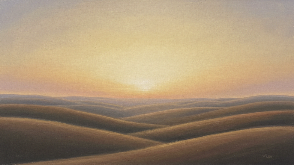Eye-level view of a soft pastel landscape painting with gentle hills and a calm sky