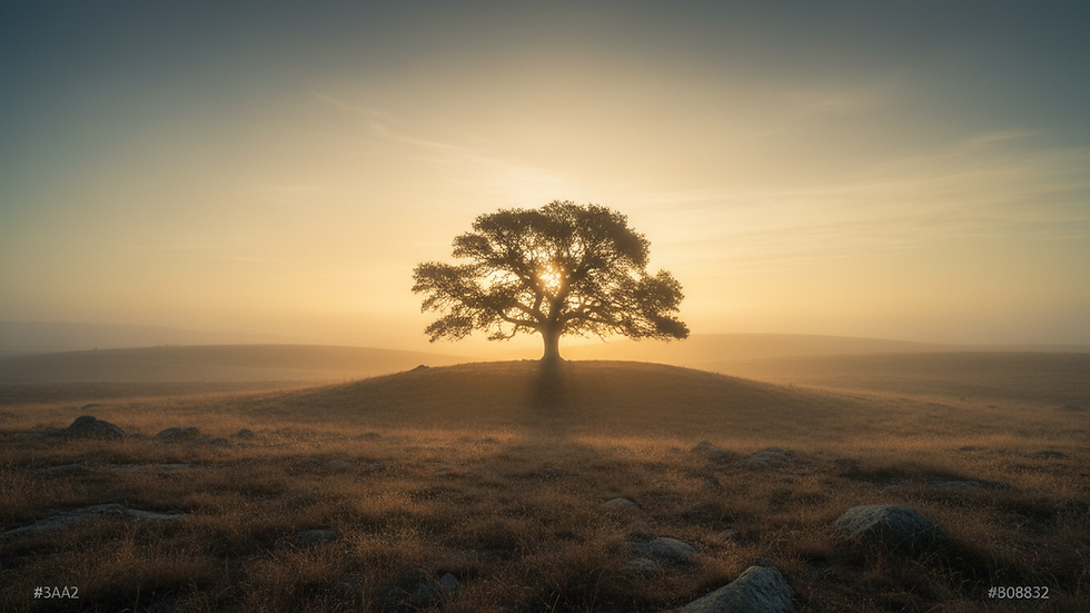 Eye-level view of a solitary tree on a misty morning landscape