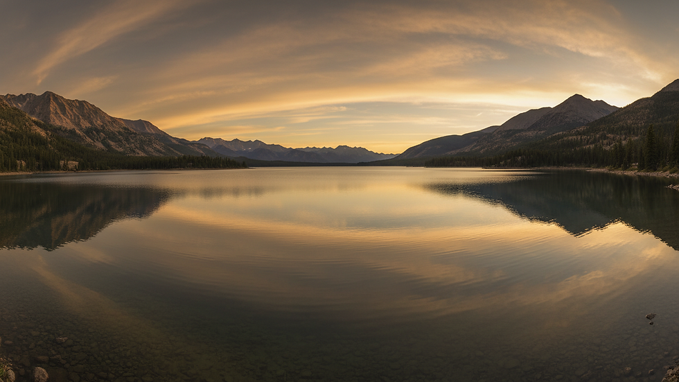 High angle view of a tranquil mountain lake reflecting soft clouds