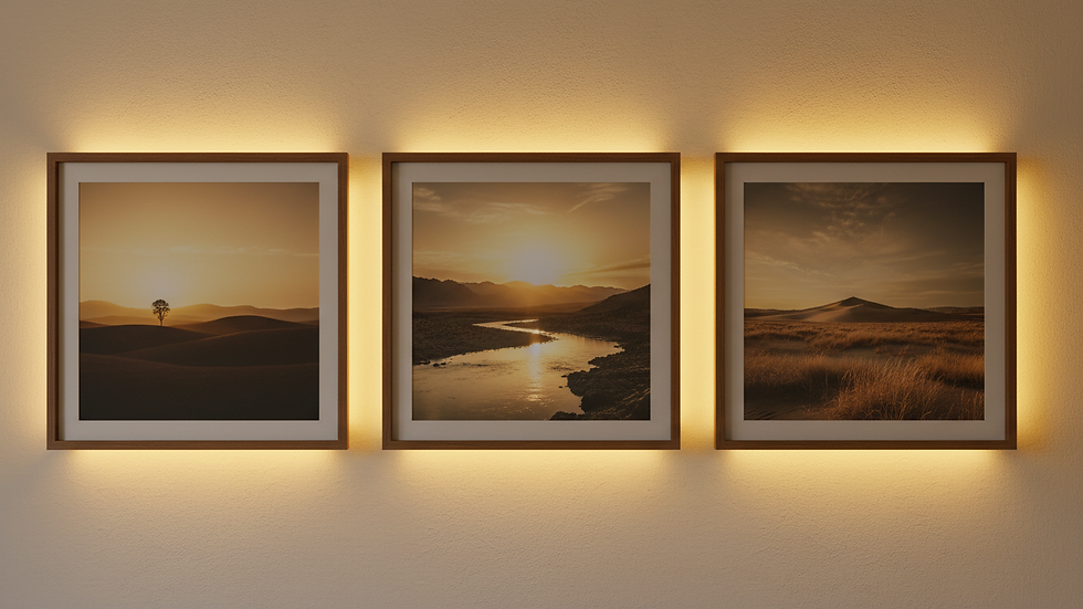 Close-up view of a softly lit wall with framed serene landscape photographs