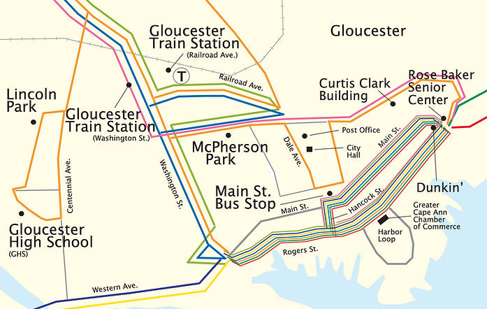 Detail Map of Downtown Gloucester with CATA Transit Routes 2025