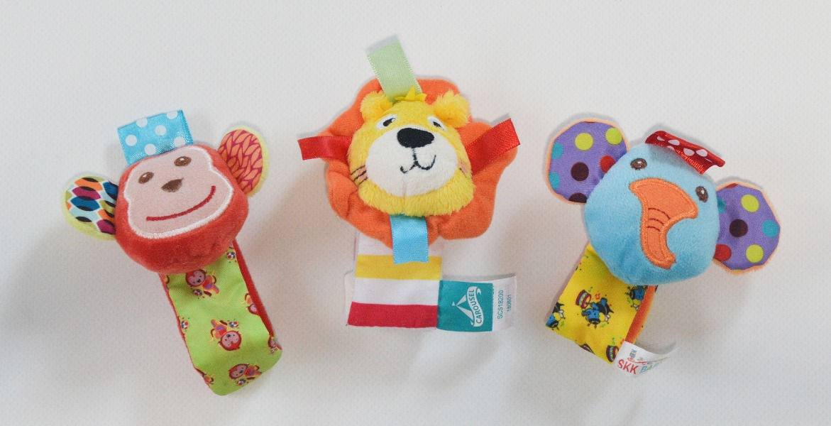 Wrist rattles. Set of 3. One is 17cms long, others are 16cms long