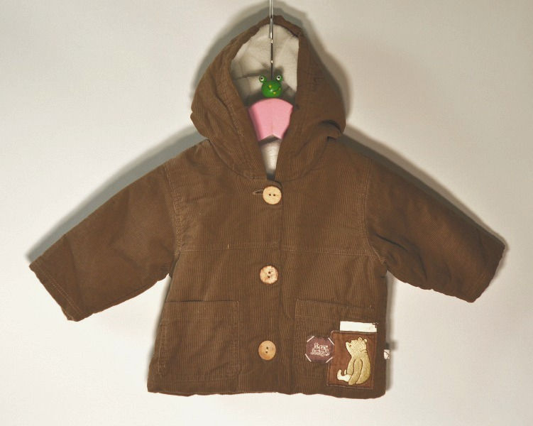 Jacket.Brown.Long sleeves.Round neck.Integrated hood.3 button fastening on front.Elbow patches on sleeves.