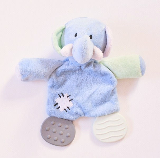 Elephant snuggle and teeth baby toy. Blue and green.