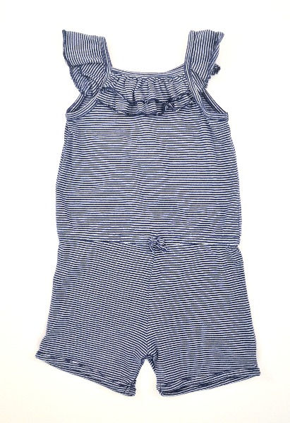 Sunsuit in navy and white striped material. Frill on shoulder straps and on square neck. 18-24 months.