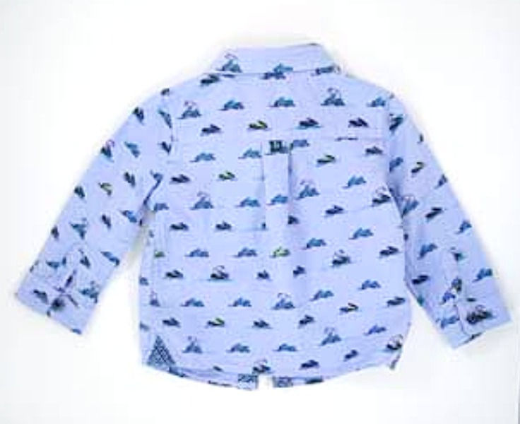 Thumbnail: Shirt. Blue with images polar bear and snowmobile. Long sleeves 5 button fastening. 6-9 months.