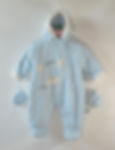 Pramsuit.Pale blue.Long sleeves.Mittens joined with studs inside sleeves.Integrated feet and hood.Front zip.Fully lined.