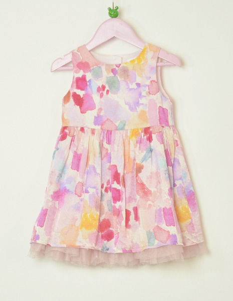 Dress.Multi.Sleeveless.Round neck.3 button fastening on back.Skirt gathered onto bodice.Fully lined.