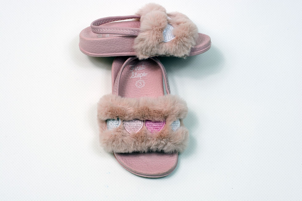 Thumbnail: A slip on sandal/slipper with stretch strap around back. Fake fur across front with heart decorations.