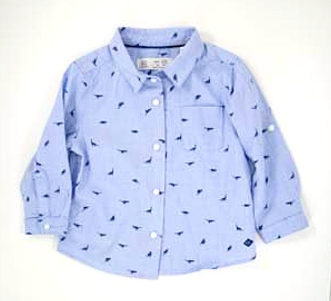 Shirt. Blue with long sleeves, 5 button fastening. dinosaur design all over. 9-12 months.