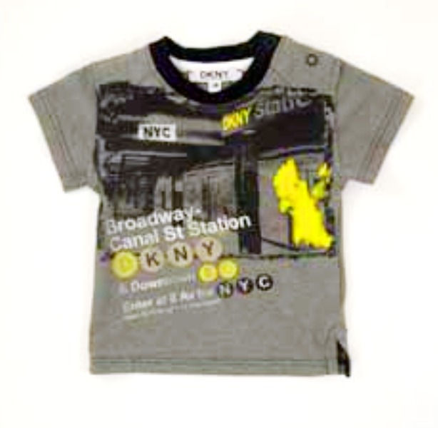 T Shirt. Grey with a black, yellow, white and beige DKNY logo on front. Short sleeves. 3 months.