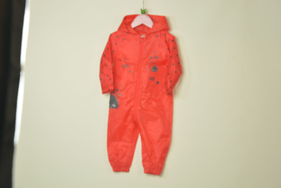 Puddlesuit.Red.Round neck with hood.Long sleeves.Full length zip. Waterproof.Ladybird images on front.