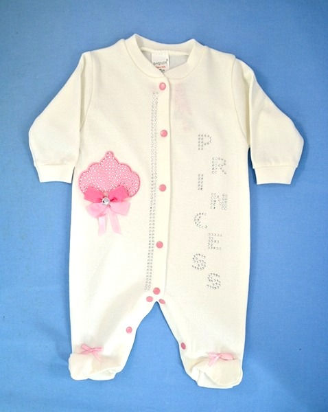 Babygrow. Cream. Long sleeve.Pink bows and imagery on front with gems.