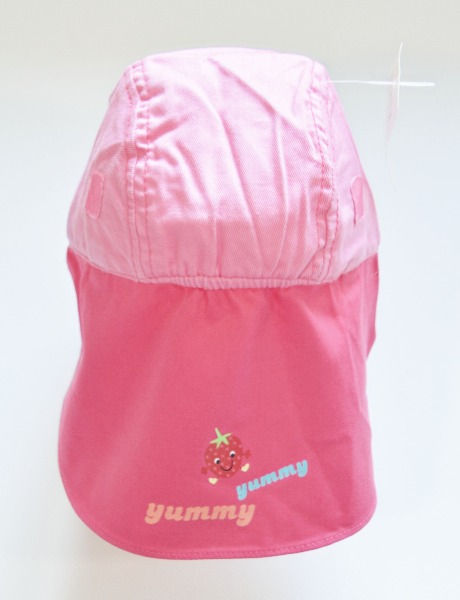 Thumbnail: Cap with elastic adjustment on back. Dark pink sun protection joined at back.