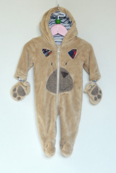 Thumbnail: Zip with storm flap behind.Paw markings on feet and mittens.Elbow patches.Animal face on front with ears.