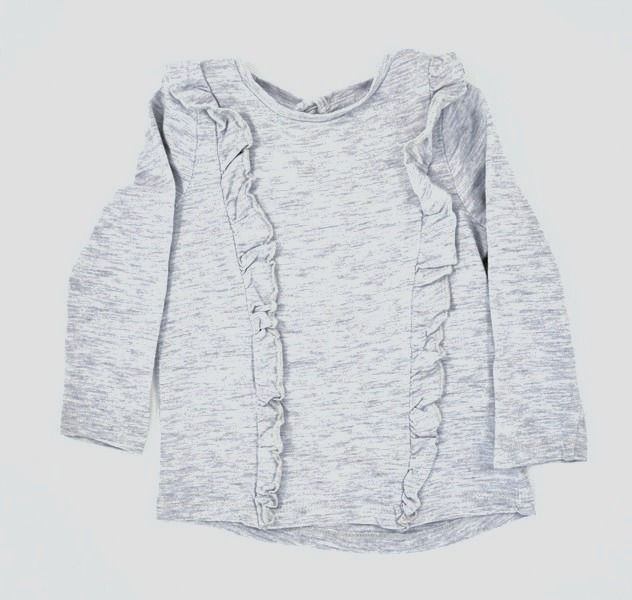 Top in grey. Long sleeves. 2 frills one each side down front and over shoulder.