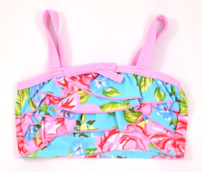 Bikini top. Blue background with pink flowers. 3 tier frill on front.