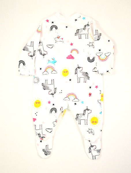 Thumbnail: Babygrow with small 'v' neck. Integrated feet. stud fastening. unicorn, rainbow pattern.