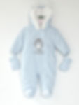 Pramsuit.Pale blue.Long sleeves.Mittens attached with buttons inside.5 stud fastening on front.Integrated feet and hood.