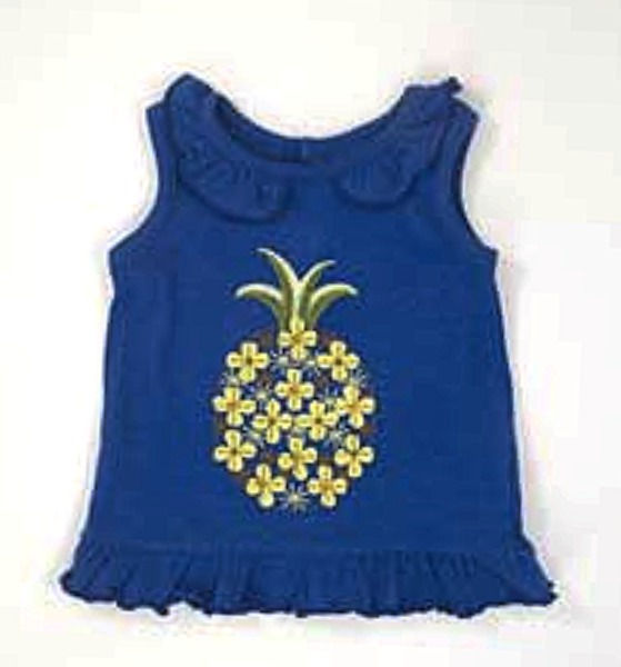 sleeveless blue dress. Frill around the neck and hem. Pineapple design on front.