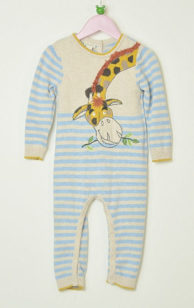 Babygrow.Blue and beige.Knitted stripe material.Beige front bodice,ribs and edging.Long sleeves.Round neck.