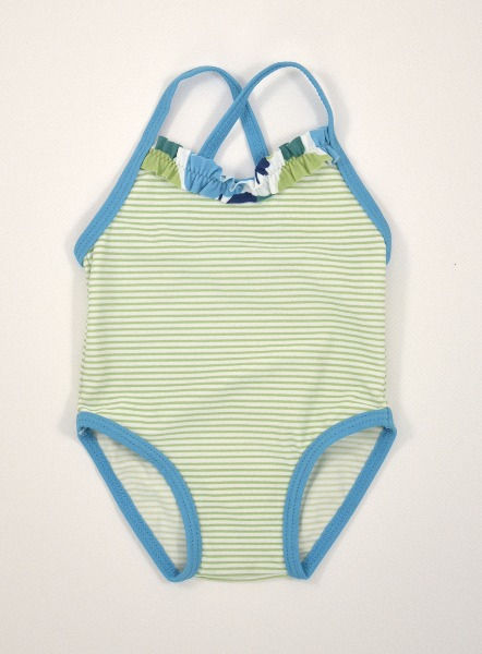Swimsuit in green and white horizontal striped material with blue trim on all edges and straps.