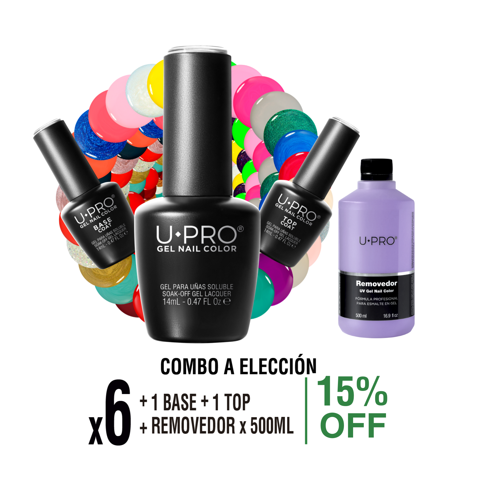 6 Gel Color + Base y Top  + Removedor X500ml