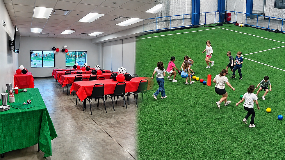 Composite photography showing a party room with red-covered tables alongside children playing on an indoor artificial turf field. This split-view imagery helps highlight an event venue that offers both dining and recreational spaces.
