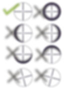 Rifle scope reticles showing proper and improper rifle sight alignment and level