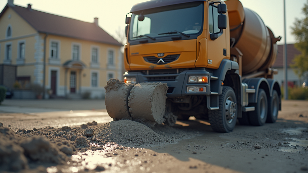 Close-up view of a concrete mixer truck pouring fresh concrete