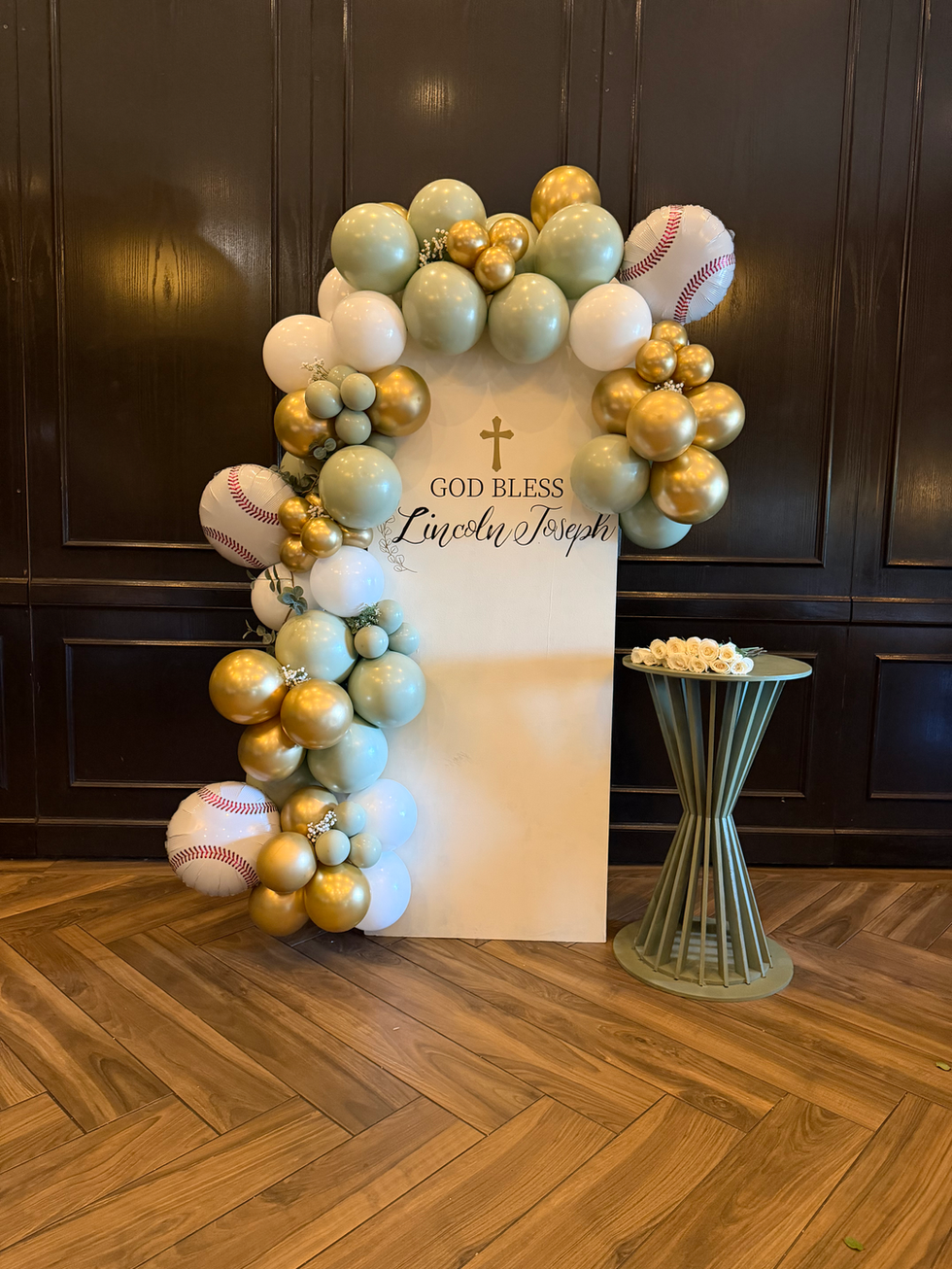 Sign: GOD BLESS Lincoln Joseph, with white, sage, gold balloon arch