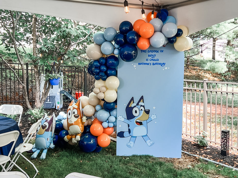Bluey birthday party sign with balloon arch
