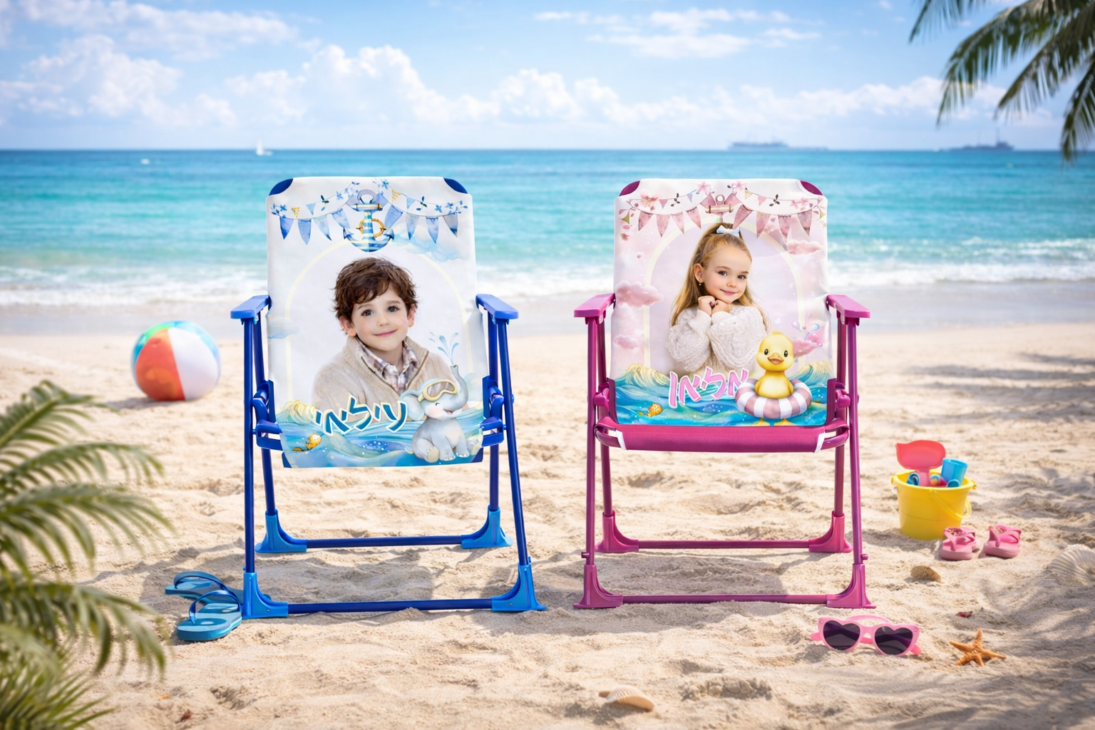 מתנות לגן_כיסא חוף אישי לילדים – כיסא מתקפל עם שם הילד ותמונה