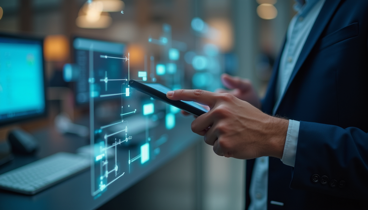Close-up view of a person interacting with a touchscreen device during a product demo